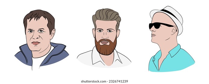 Three men with fair skin. Drawing by hand. Highlighted on a white background. Set.