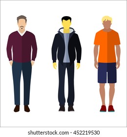 Three men flat style icon people figures in different views like: man in casual dress, man in jacket, pleasure clothes