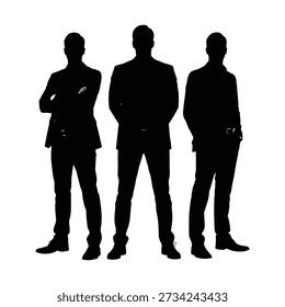 Three men in formal attire stand in a row as silhouettes against a white background.