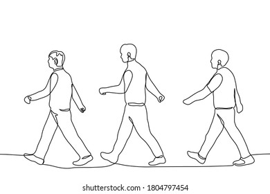 three men in full height walk one after another in wide strides in one line. One continuous line drawing of a formation of marching men crossing the road.