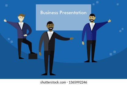Three men are giving a business presentation. Vector illustration. Businessman flat icons