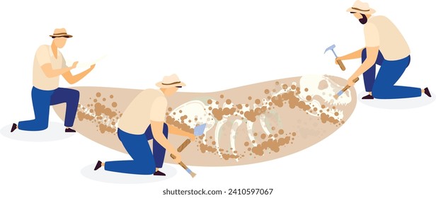 Three men with hats digging and finding dinosaur bones. Archaeologists excavate fossils with tools. Paleontology discovery, scientific research vector illustration.