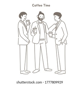Three men are having a conversation over coffee. hand drawn style vector design illustrations. 