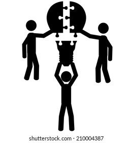 Three men are holding a puzzle of a light bulb. It is a stick figure vector. EPS10 