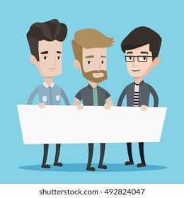 Tres hombres con una tabla blanca en blanco. Grupo de jóvenes estudiantes con una tabla vacía. Ilustración de diseño plana vectorial. Diseño cuadrado.