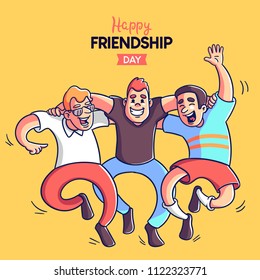 The three men hug each other. Have fun. They celebrate the day of friendship. Colorful cartoon style.