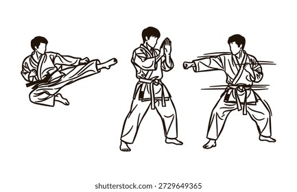 Three men in karate uniforms performing different martial arts poses