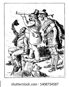 Three men looking over a cliff, vintage line drawing or engraving illustration