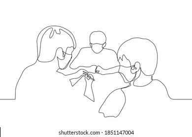 three men in mask are sitting at the negotiating table, one of them signs papers (documents). one line drawing of the signing of a contract, bureaucratic formalities