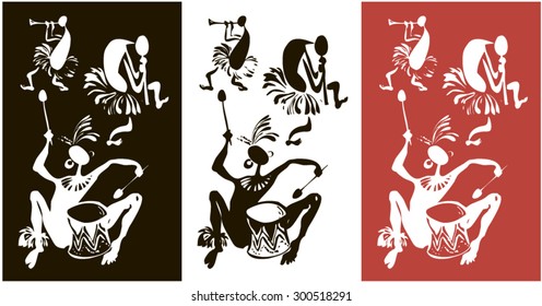 Three men with musical instruments. African style. Silhouettes of people. White, red, gray