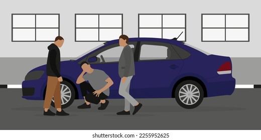 Three men near the wheel of a car on the road