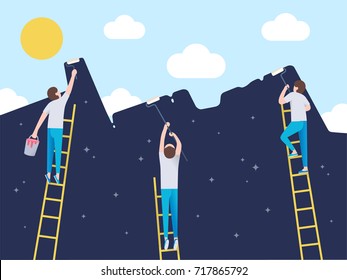 Three men on a ladders are holding a roll brush and painting over the blue sky of the night starry sky. Good night concept illustration. Allegory the change of time of day. Flat style illustration