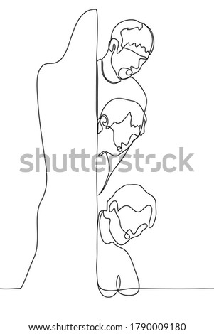 three men with open mouths peep out from behind a corner. One continuous line art three friends / passers-by eavesdrop on scandalous news / gossip / confidential information. Observers, gossips,