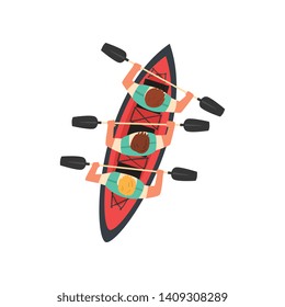 Three Men Paddling Kayak, Kayaking Water Sport, Outdoor Activities in Summertime, Top View Vector Illustration