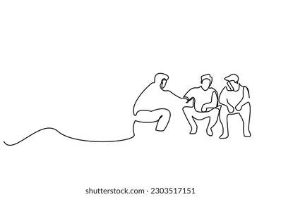 three men people chatting together outside in nature having a good time line art