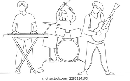 Three men performing live music. Music band one-line drawing