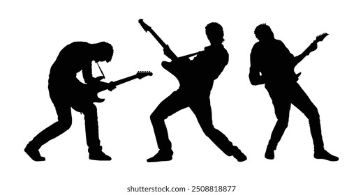 Three men playing electric guitar vector illustration. Rock genre music, isolated on white background.