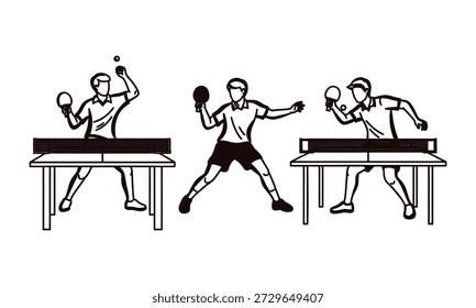 Três homens jogando tênis de mesa com raquetes e bolas