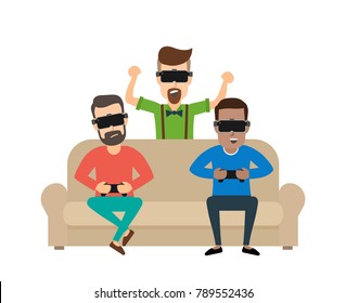 three men playing video game in virtual reality glasses