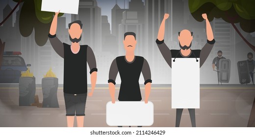 Three men protest on the street. Police, burning barrels, protest. Cartoon style.