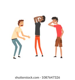 Drei Männer, die sich streiten und fluchen, aggressiver und gewalttätiger Verhaltensvektor Illustration auf weißem Hintergrund