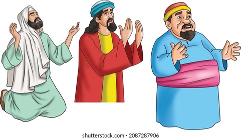 Three men raise their hands in prayer