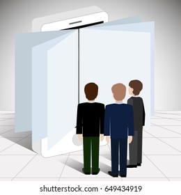 Three men read the book. People read a book, pages that stick out of the phone. Flat design.