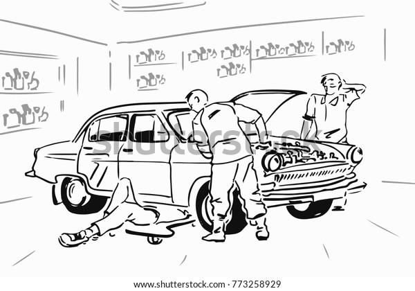 Three Men Repair Car Garage Black Stock Image Download Now