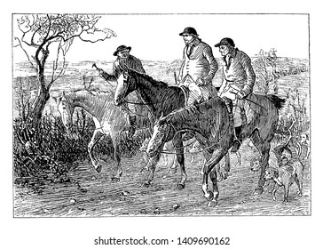 Tres hombres montados a caballo, dibujos de líneas antiguas o ilustración de grabado