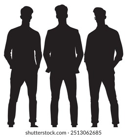 Three men in a row one wearing a hat and the other with a hat on it.