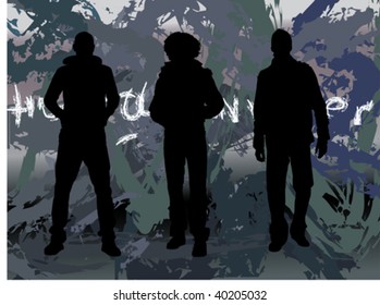 three men in a row showing off ,silhouette,casual dressed