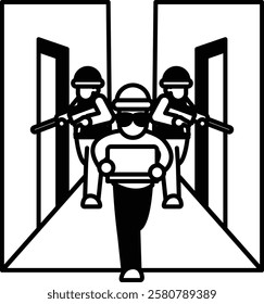 Three men are running down a hallway with guns and one of them is holding a laptop. Scene is tense and action-packed
