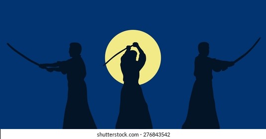 Three men show aikido against a dark background.