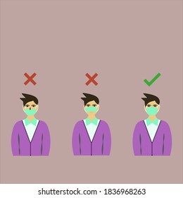three men showing how to wearing protective mask correctly. vector illustration. color editable