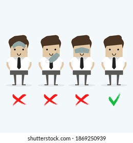 There’re three men showing how to wearing protective mask correctly. The first and the second are wrong the third is right way to avoiding air pollution or avoiding viruses or illness.