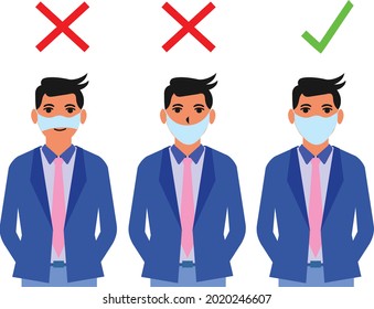 Three men showing how to wearing protective mask correctly. The first and the second are wrong, the third is right way to avoiding air pollution or avoiding viruses or illness. vector illustration.
