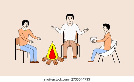 Three men sitting around a fire, they are having a casual chat