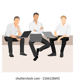 Three men sitting and keeping laptops in different poses