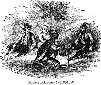 Three men sitting on the ground and listening to an Indian, explaining the method of kindling a fire by the friction of two pieces of wood, vintage line drawing or engraving illustration.