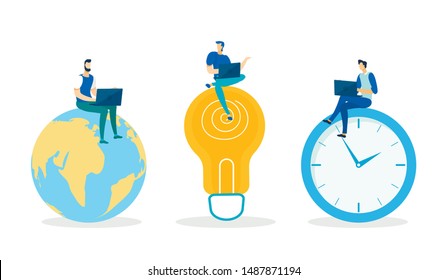 Three Men Sitting on Huge Globe, Light Bulb, Clock and Working on Laptop Flat Cartoon Vector Illustration. International Business, Generating new Ideas and Innovations. Meeting Deadlines.