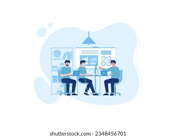 Three men sitting at table with laptops trending concept flat illustration