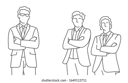 Three men stand with arms crossed. Line drawing illustration.