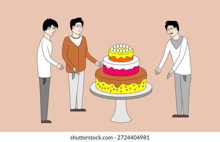 Three men are standing around a cake, one of them cutting it. The cake is a three-layer cake with a pink and yellow frosting. The men are smiling and seem to be enjoying the moment