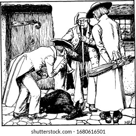 Three men standing around dead goat and two men playing horn over dead goat, vintage line drawing or engraving illustration