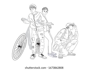 Three men standing with a bicycle
