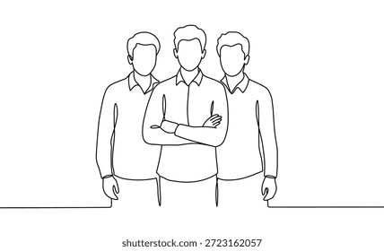 Tres hombres de pie arte de línea continua dibujo minimalista sin rostro concepto de colaboración de trabajo en equipo