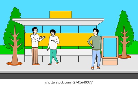 Three men are standing on a sidewalk near a bus stop.