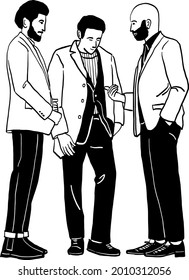 Three men standing Retro style People wearing suit Hand drawn line art illustration
