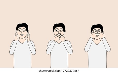 Tres hombres están de pie en fila, cada uno de ellos cubriendo sus ojos, oídos y boca. Concepto de misterio e intriga, ya que los hombres parecen estar ocultando algo de la vista