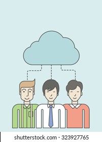 Three men standing under the cloud. Vector line design illustration. Vertical layout with a text space.